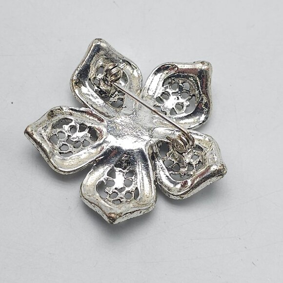 Vintage Faux Marcasite Flower Brooch Silver Tone Intricate Filigree Design - Picture 3 of 4
